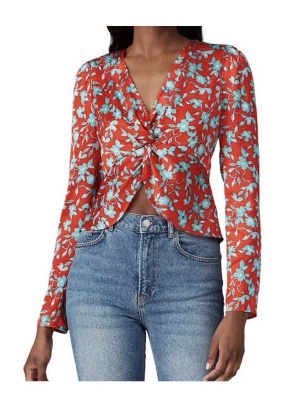 Love, Whit by Whitney Floral Long Sleeve Crop Satin V Neck Top Size Medium Red